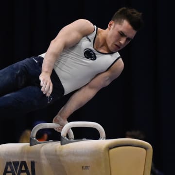 Former Penn State gymnast Sam Zakutney competes on the Pommel horse during the 2018 NCAA Men's Gymnastics Championships. 