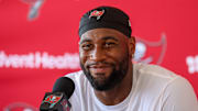 Tampa Bay Buccaneers linebacker Haason Reddick (5) talks to media after training camp 