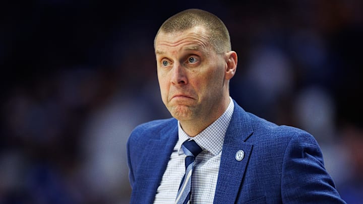 Feb 7, 2026; Lexington, Kentucky, USA; Kentucky Wildcats head coach Mark Pope reacts to the action during the first half against the Tennessee Volunteers at Rupp Arena at Central Bank Center. Mandatory Credit: Jordan Prather-Imagn Images