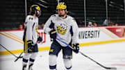 Michigan forward Rutger McGroarty (2) practice as they prepare for the semifinal game against Boston College at Xcel Energy Center in St. Paul, Minn. on Wednesday, April 10, 2024.