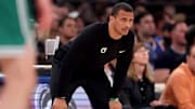 May 16, 2025; New York, New York, USA; Boston Celtics head coach Joe Mazzulla coaches against the New York Knicks during the first quarter of game six in the second round of the 2025 NBA Playoffs at Madison Square Garden. Mandatory Credit: Brad Penner-Imagn Images