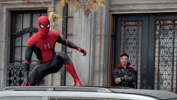 Doctor Strange (Benedict Cumberbatch) looks on at Spider-Man in Columbia Pictures' SPIDER-MAN: NO WAY HOME. Courtesy of Sony Pictures. ©2021 CTMG. All Rights Reserved. MARVEL and all related character names: © & ™ 2021 MARVEL
