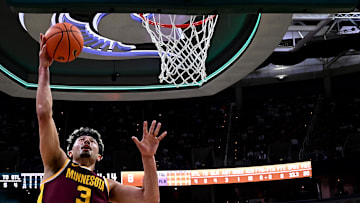 Jan 28, 2025; East Lansing, Michigan, USA;  Minnesota Golden Gophers forward Dawson Garcia (3) takes the ball to the basket against the Michigan State Spartans during the first half at Jack Breslin Student Events Center. Mandatory Credit: Dale Young-Imagn Images