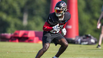 Jul 27, 2023; Flowery Branch, GA, USA; Atlanta Falcons safety Richie Grant (27) shown  during training camp at IBM Performance Field.