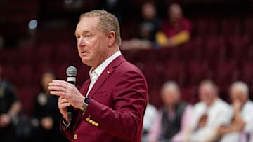 Florida State University Athletic Director Michael Alford gives brief remarks about Florida State Seminoles head coach Leonard Hamilton following his final home game before retirement. The Florida State Seminoles defeated the Southern Methodist Mustangs 76-69 on Saturday, March 8, 2025.