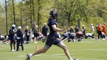 May 10, 2024; Lake Forest, IL, USA; Chicago Bears punter Tory Taylor during Chicago Bears rookie minicamp at Halas Hall. Mandatory Credit: David Banks-USA TODAY Sports