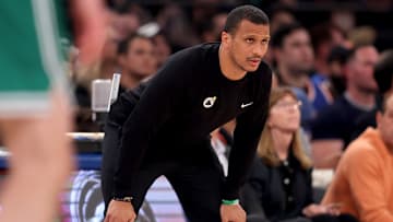 May 16, 2025; New York, New York, USA; Boston Celtics head coach Joe Mazzulla coaches against the New York Knicks during the first quarter of game six in the second round of the 2025 NBA Playoffs at Madison Square Garden. Mandatory Credit: Brad Penner-Imagn Images