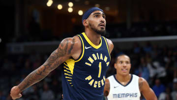 Oct 8, 2023; Memphis, Tennessee, USA; Indiana Pacers forward Obi Toppin (1) reacts after a free throw during the first half against the Memphis Grizzlies at FedExForum. Mandatory Credit: Petre Thomas-USA TODAY Sports