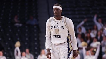 Dec 3, 2025; Atlanta, Georgia, USA; Georgia Tech Yellow Jackets center Mouhamed Sylla (6) in action against the Mississippi State Bulldogs in the second half at McCamish Pavilion. Mandatory Credit: Brett Davis-Imagn Images
