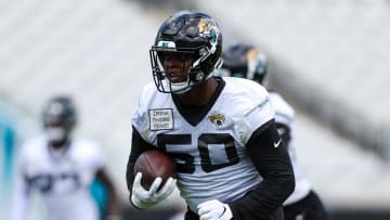 Jun 13, 2023; Jacksonville, Florida, USA;  Jacksonville Jaguars linebacker Shaquille Quarterman (50) participates in mandatory mini camp at TIAA Bank field. Mandatory Credit: Nathan Ray Seebeck-USA TODAY Sports