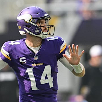 Minnesota Vikings quarterback Sam Darnold (14) throws a pass against the San Francisco 49ers during the first quarter U.S. Bank Stadium in Minneapolis on Sept. 15, 2024. 