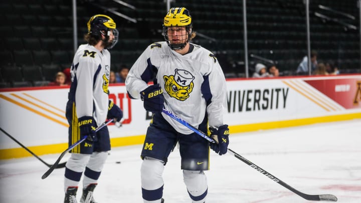 Michigan forward Rutger McGroarty (2) practice as they prepare for the semifinal game against Boston College at Xcel Energy Center in St. Paul, Minn. on Wednesday, April 10, 2024.