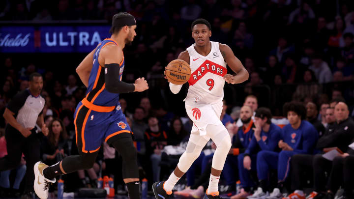 Jan 20, 2024; New York, New York, USA; Toronto Raptors guard RJ Barrett (9) brings the ball up court against New York Knicks guard Josh Hart (3) during the fourth quarter at Madison Square Garden. Mandatory Credit: Brad Penner-USA TODAY Sports