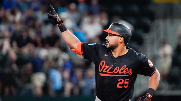 Baltimore Orioles outfielder Anthony Santander (25) reacts as he rounds the bases after hitting a three-run home run during the seventh inning against the Texas Rangers at Globe Life Field on July 19.