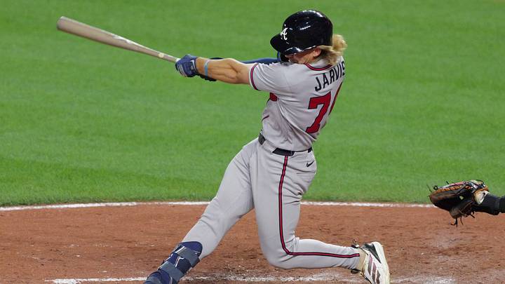 Jul 24, 2026; Baltimore, Maryland, USA; Atlanta Braves shortstop Jim Jarvis (74) singles to drive in a run during the tenth inning against the Baltimore Orioles at Oriole Park at Camden Yards. Mandatory Credit: Mitch Stringer-Imagn Images