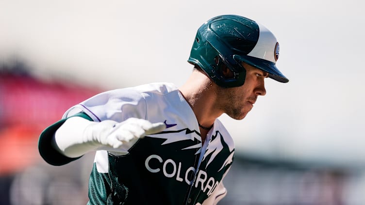 Sep 13, 2023; Denver, Colorado, USA; Colorado Rockies left fielder Nolan Jones (22) rounds the bases