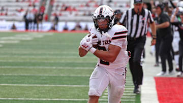 Sep 20, 2025; Salt Lake City, Utah, USA; Texas Tech Red Raiders running back Cameron Dickey (8) runs for a touchdown against the Utah Utes during the fourth quarter at Rice-Eccles Stadium. Mandatory Credit: Rob Gray-Imagn Images