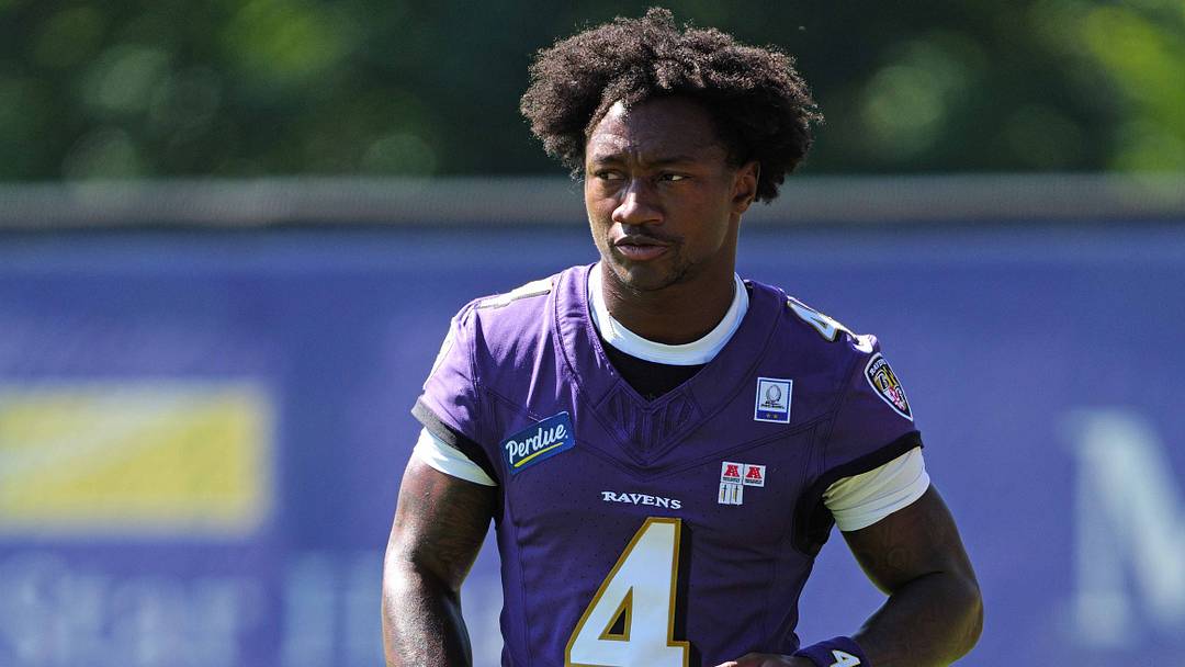 Jul 30, 2026; Owings Mills, MD, USA; Baltimore Ravens wide receiver Zay Flowers (4) stretches during practice at Under Armour Peformance Center. Mandatory Credit: Mitch Stringer-Imagn Images Jul 30, 2026; Owings Mills, MD, USA; Baltimore Ravens wide receiver Zay Flowers (4) stretches during practice at Under Armour Peformance Center. Mandatory Credit: Mitch Stringer-Imagn Images