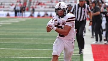 Sep 20, 2025; Salt Lake City, Utah, USA; Texas Tech Red Raiders running back Cameron Dickey (8) runs for a touchdown against the Utah Utes during the fourth quarter at Rice-Eccles Stadium. Mandatory Credit: Rob Gray-Imagn Images