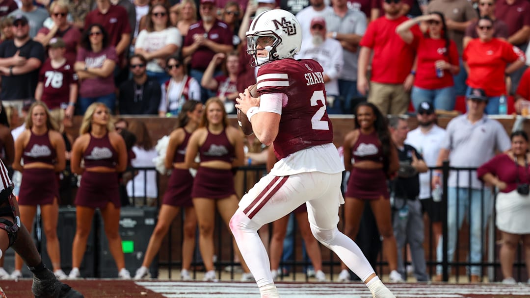 Nov 8, 2025; Starkville, Mississippi, USA; Mississippi State Bulldogs quarterback Blake Shapen (2) looks to pass the ball against the Georgia Bulldogs during the first half at Davis Wade Stadium at Scott Field. Mandatory Credit: Wesley Hale-Imagn Images