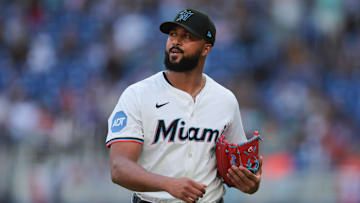 Mar 27, 2025; Miami, Florida, USA; Miami Marlins starting pitcher Sandy Alcantara (22) looks on against the Pittsburgh Pirates during the first inning at loanDepot Park. Mandatory Credit: Sam Navarro-Imagn Images