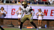 Nov 16, 2024; Dallas, Texas, USA; Boston College Eagles defensive end Donovan Ezeiruaku (6) in action during the game between the SMU Mustangs and the Boston College Eagles at Gerald J. Ford Stadium. Mandatory Credit: Jerome Miron-Imagn Images