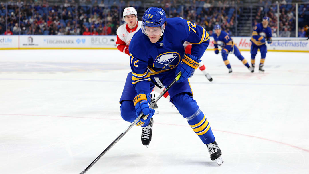 Dec 9, 2024; Buffalo, New York, USA;  Buffalo Sabres center Tage Thompson (72) skates up ice with the puck and looks to make a play during the second period against the Detroit Red Wings at KeyBank Center. Mandatory Credit: Timothy T. Ludwig-Imagn Images