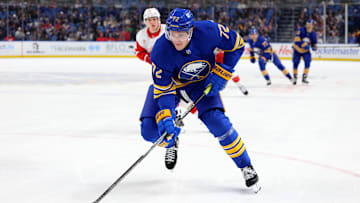 Dec 9, 2024; Buffalo, New York, USA;  Buffalo Sabres center Tage Thompson (72) skates up ice with the puck and looks to make a play during the second period against the Detroit Red Wings at KeyBank Center. Mandatory Credit: Timothy T. Ludwig-Imagn Images