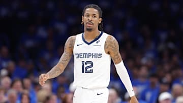 Apr 22, 2025; Oklahoma City, Oklahoma, USA; Memphis Grizzlies guard Ja Morant (12) walks down the court in the third quarter of game two of first round for the 2024 NBA Playoffs against the Oklahoma City Thunder at Paycom Center. Mandatory Credit: Alonzo Adams-Imagn Images