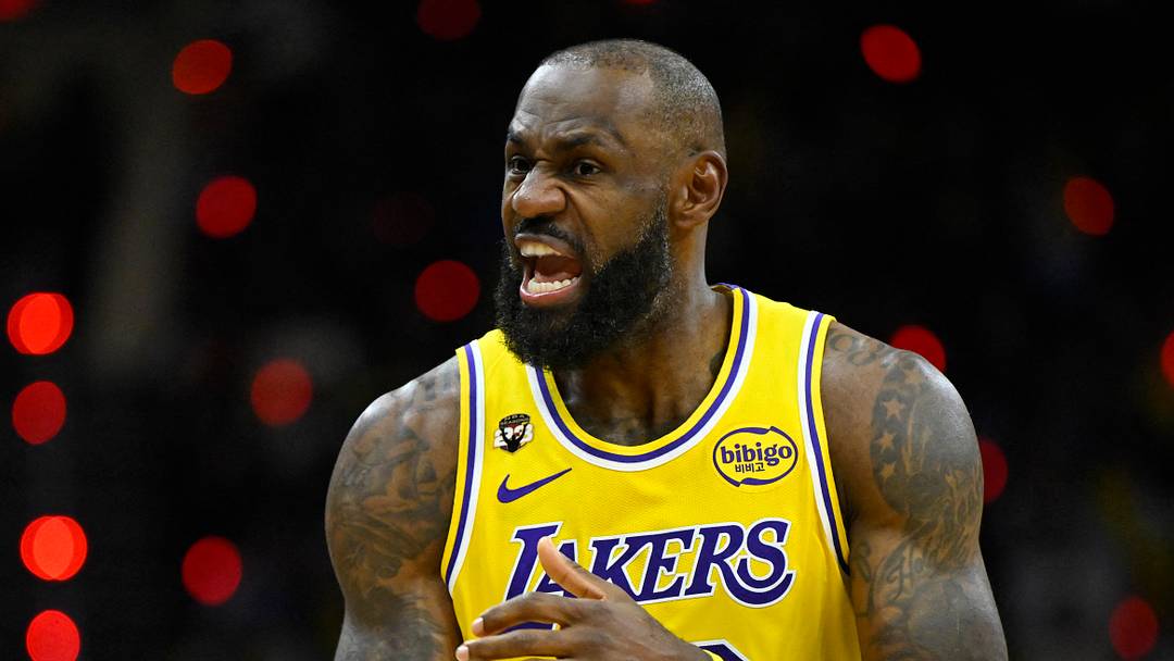Jan 28, 2026; Cleveland, Ohio, USA; Los Angeles Lakers forward LeBron James (23) reacts in the third quarter against the Cleveland Cavaliers at Rocket Arena. Mandatory Credit: David Richard-Imagn Images