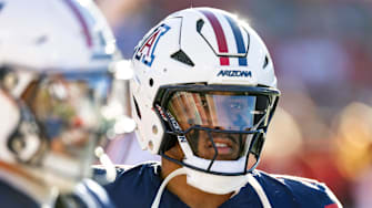 Nov 8, 2025; Tucson, Arizona, USA; Arizona Wildcats quarterback Noah Fifita (1) against the Kansas Jayhawks at Arizona Stadium. Mandatory Credit: Mark J. Rebilas-Imagn Images