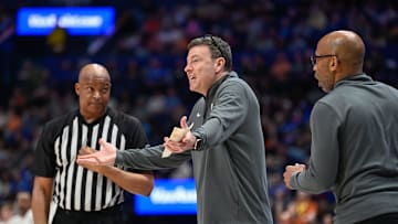 Vanderbilt head coach Mark Byington argues his case during the first half at Bridgestone Arena in Nashville, Tenn., Wednesday, March 12, 2025.