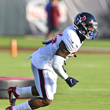 Aug 5, 2022; Houston, Texas, US;  Houston Texans safety Grayland Arnold (35) catches the ball during training camp at the Texans practice facility.  Mandatory Credit: Maria Lysaker-Imagn Images