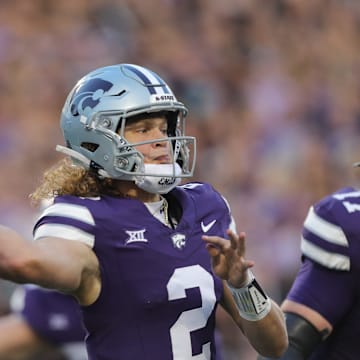 Kansas State Wildcats quarterback Avery Johnson (2) throws a pass during the first quarter of the game against Arizona at Bill Snyder Family Stadium Friday, September 13, 2024.