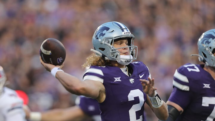 Kansas State Wildcats quarterback Avery Johnson (2) throws a pass during the first quarter of the game against Arizona at Bill Snyder Family Stadium Friday, September 13, 2024.