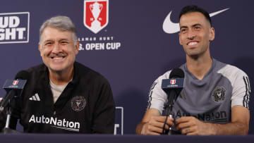 Inter Miami manager Tata Martino (left) and midfielder Sergio Busquets (right) address the media ahead of the squad's U.S. Open Cup final.