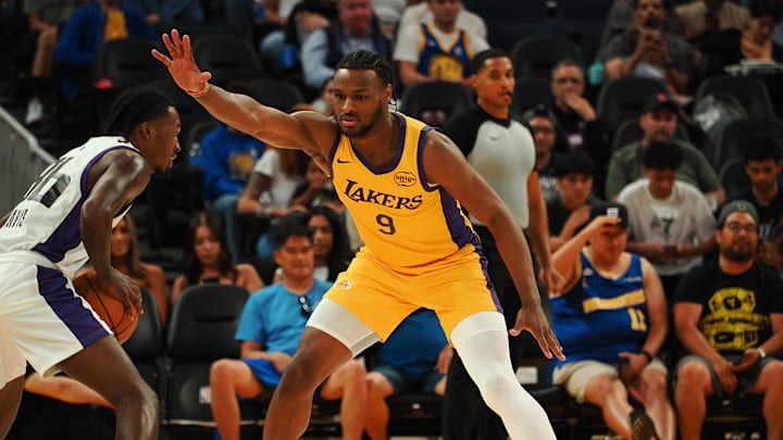 Jul 6, 2024; San Francisco, CA, USA; Los Angeles Lakers guard Bronny James Jr. (9) defends Sacramento Kings guard Antoine Davis (36) during the fourth quarter at Chase Center. Mandatory Credit: Kelley L Cox-USA TODAY Sports Jul 6, 2024; San Francisco, CA, USA; Los Angeles Lakers guard Bronny James Jr. (9) defends Sacramento Kings guard Antoine Davis (36) during the fourth quarter at Chase Center. Mandatory Credit: Kelley L Cox-USA TODAY Sports