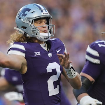 Kansas State Wildcats quarterback Avery Johnson (2) throws a pass during the first quarter of the game against Arizona at Bill Snyder Family Stadium Friday, September 13, 2024.