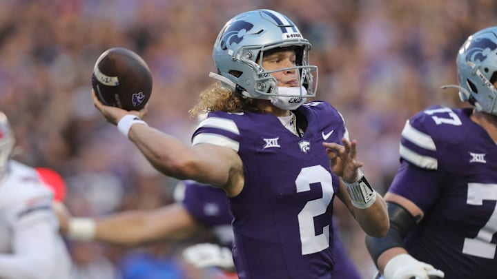 Kansas State Wildcats quarterback Avery Johnson (2) throws a pass during the first quarter of the game against Arizona at Bill Snyder Family Stadium Friday, September 13, 2024.