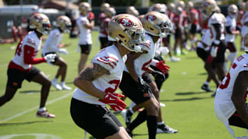 Jun 10, 2025; Santa Clara, CA, USA; San Francisco 49ers players work out during an OTA at Levi's Stadium. Mandatory Credit: D. Ross Cameron-Imagn Images