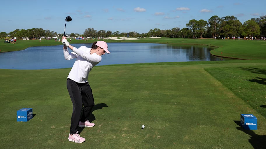 Caitlin Clark tees off during a 2024 pro-am. | Nathan Ray Seebeck-Imagn Images