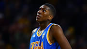 Feb 18, 2015; Tempe, AZ, USA; UCLA Bruins forward Kevon Looney (5) reacts against the Arizona State Sun Devils at Wells-Fargo Arena. The Sun Devils defeated the Bruins 68-66. Mandatory Credit: Mark J. Rebilas-Imagn Images
