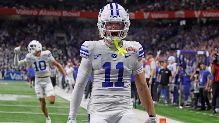 BYU's Parker Kingston celebrates a touchdown against Colorado in the Valero Alamo Bowl