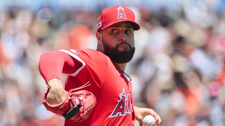 Jun 15, 2024; San Francisco, California, USA; Los Angeles Angels starting pitcher Patrick Sandoval (43) throws a pitch against the San Francisco Giants during the first inning at Oracle Park. Mandatory Credit: Robert Edwards-Imagn Images