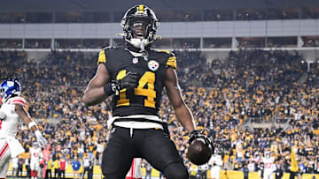 Oct 28, 2024; Pittsburgh, Pennsylvania, USA; Pittsburgh Steelers wide receiver George Pickens (14) celebrates a touchdown pass that was called back for a penalty against the New York Giants during the first half at Acrisure Stadium. Mandatory Credit: Barry Reeger-Imagn Images