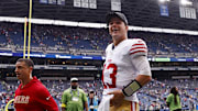  San Francisco 49ers quarterback Brock Purdy (13) reacts after the game against the Seattle Seahawks during the fourth quarter at Lumen Field. 