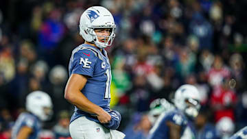 Nov 13, 2025; Foxborough, Massachusetts, USA; New England Patriots quarterback Drake Maye (10) on the field against the New York Jets in the third quarter at Gillette Stadium. Mandatory Credit: David Butler II-Imagn Images