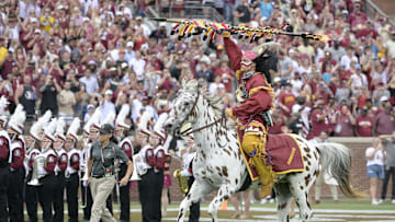 Aug 30, 2025; Tallahassee, Florida, USA; Osceola and Renegade before the game against the Alabama Crimson Tide at Doak S. Campbell Stadium. Mandatory Credit: Melina Myers-Imagn Images