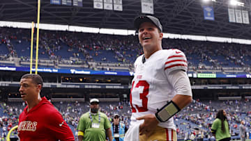  San Francisco 49ers quarterback Brock Purdy (13) reacts after the game against the Seattle Seahawks during the fourth quarter at Lumen Field. 