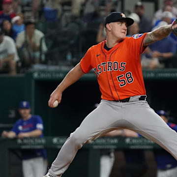 Houston Astros pitcher Hunter Brown (58) throws to the plate during the first inning against the Texas Rangers at Globe Life Field on May 15.